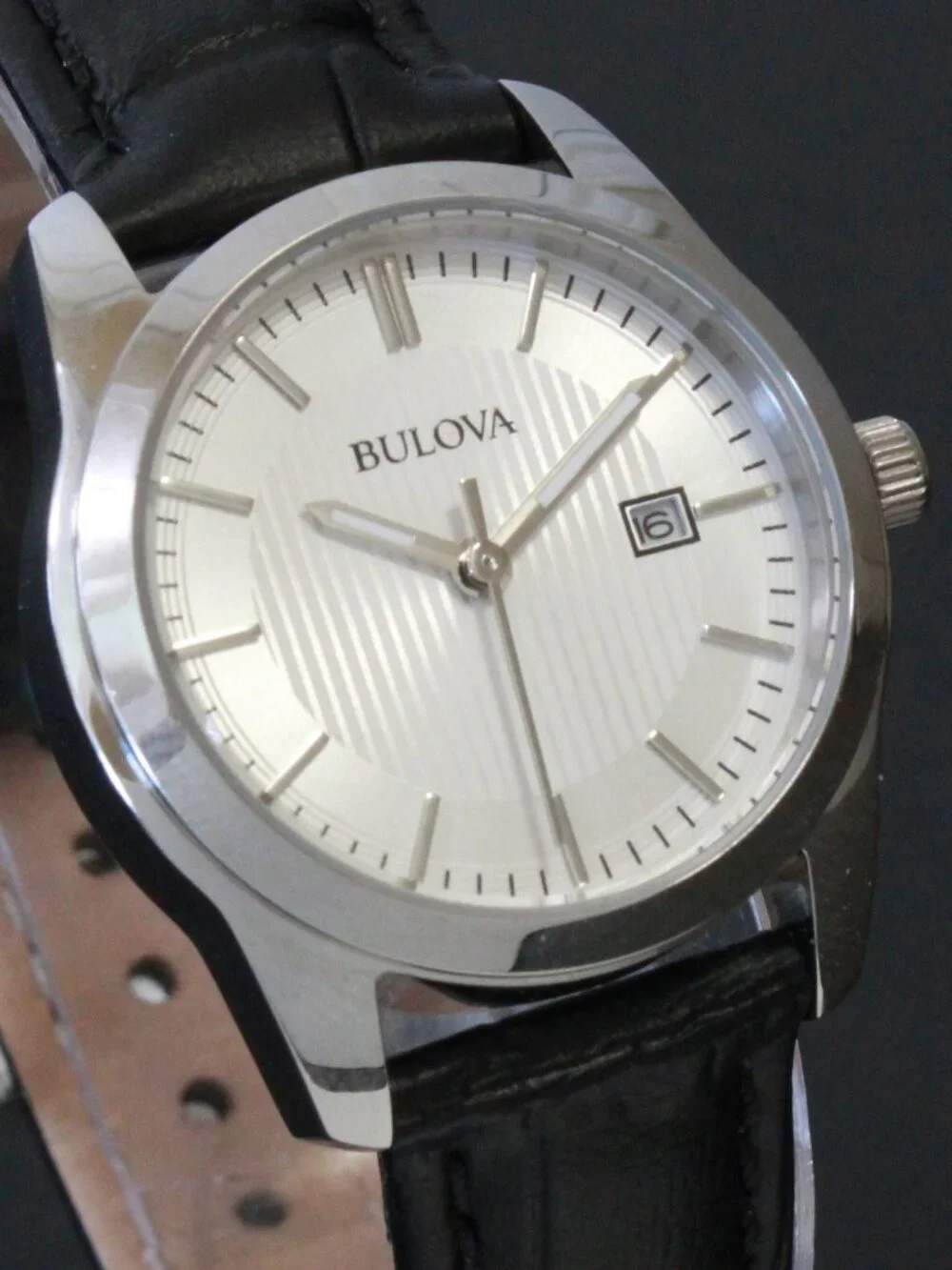 Bulova Ladies Classic Dress Watch Stainless, Silver Textured Dial, Black Strap